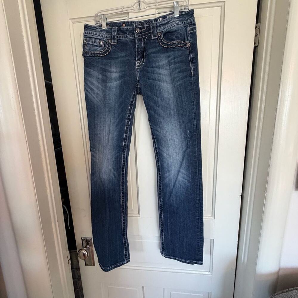 Miss Me Signature Straight Leg Embellished Cross Pocket Blue Jeans Size 31